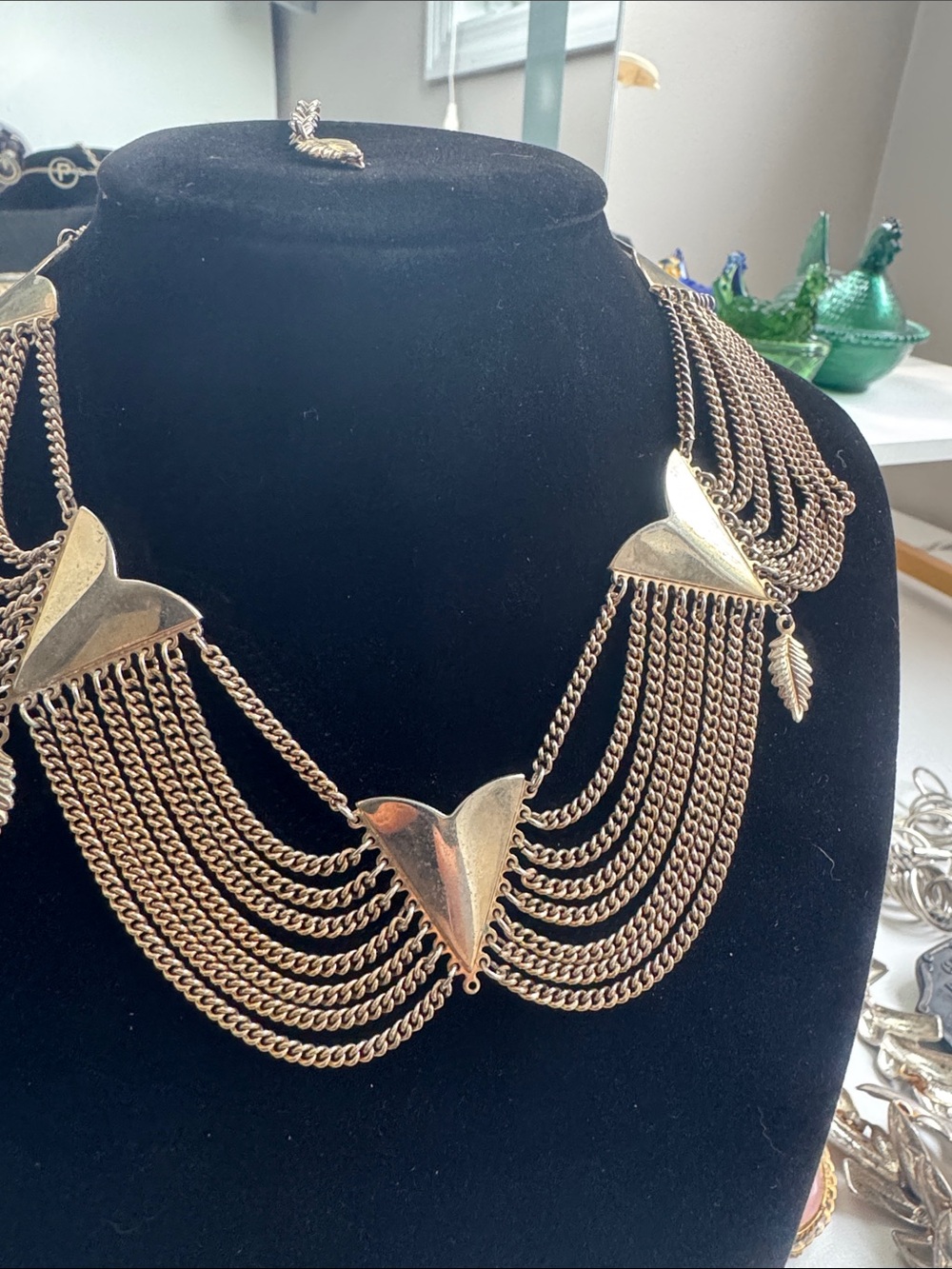Vintage Multi-Strand Collar Necklace - Gold Tone Triangles & Leaves, 15”